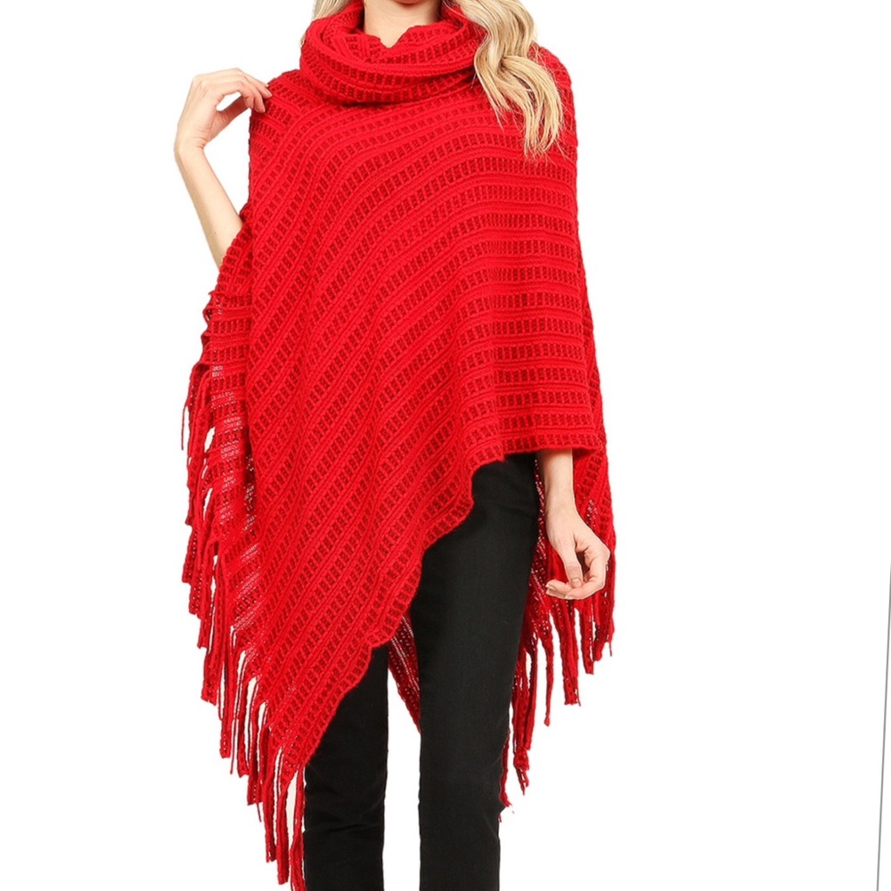 RED COWL NECK FRINGED PONCHO